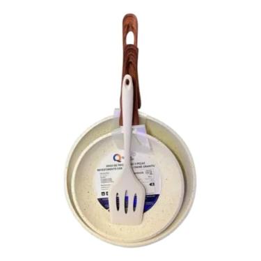 Imagem de Jogo 2 Frigideiras Antiaderentes com Espátula Silicone Kit 20cm e 24cm Revestimento Cerâmico Cabo Firme Bege