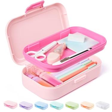 Imagem de Sooez Caixa de lápis de camada dupla, estojo de plástico com trava, caixa rígida de material escolar para meninas, meninos e crianças, suporte grande para canetas marcadoras de giz de cera com