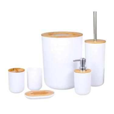 Imagem de Kit Banheiro 6 Peças Em Bambu Lixeira 5l Escova Sanitária Lavabo