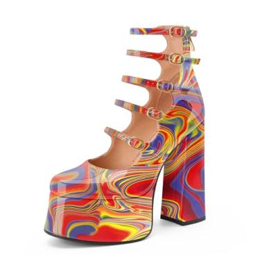 Imagem de Perisis Botas femininas plataforma Mary Janes salto alto bloco grosso cano curto bico fechado botas botas gótico lolita sapatos, Lava vermelha, 36