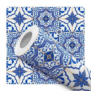 Imagem de Papel De Parede Vinílico Azulejo Português Azul e Branco Cozinha 5m - 