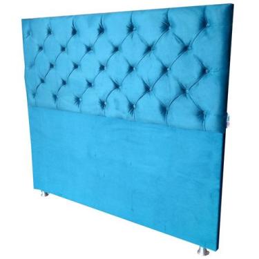Imagem de Cabeceira Cama Box Casal Capitone Suede Liso Azul Turquesa Com Pés Alm
