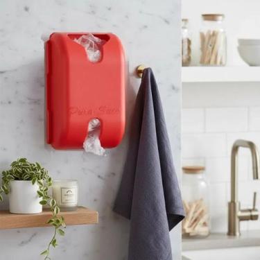 Imagem de Puxa Saco Dispenser Vermelho Porta Sacolas Plásticas Adesivo Dupla Fac