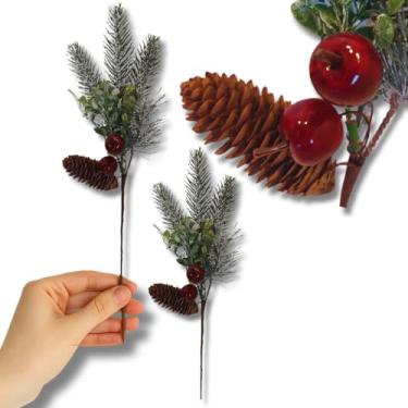 Imagem de Kit com 2 Galhos, buquês de Frutinhas Azevinho Artificial Realista | Decoração Natalina com Pinha e Folhas Verdes 30cm | para Árvore de Natal, pinheiro, Enfeite De Festas de Final de Ano