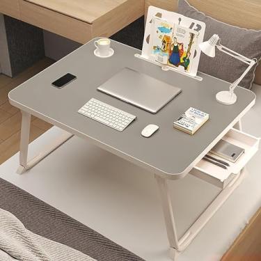Imagem de Mesa dobrável para computador, mesa de cama com pernas dobráveis com estante portátil, mesa de cama para laptop com gaveta de armazenamento e suporte de copos, mini mesa dobrável para leitura de