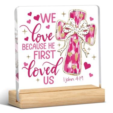 Imagem de Decorações de Dia dos Namorados, presentes de Dia dos Namorados para ela, presente para namorado, namorada, marido esposa, cruz de laço rosa, placa de acrílico cristã com suporte de madeira, decoração