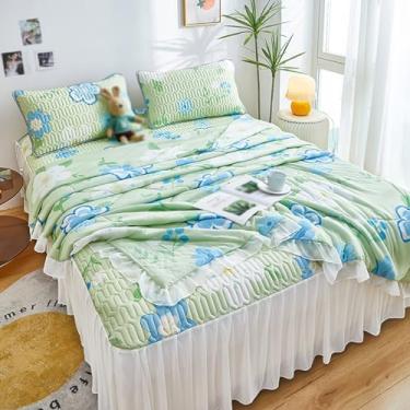 Imagem de Conjunto de 3 peças de colcha de verão king size novo verão estilo princesa conjunto de saia de cama acolchoada de látex, lavável na máquina, conjunto de colcha de verão com 4 peças (J, 180 x 200 cm