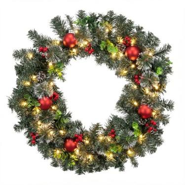 Imagem de Guirlanda de Natal de 50 cm para porta da frente, coleção artificial de inverno com pinhas, cachos de bagas, galhos foscos, guirlandas de Natal com luzes para parede, janela, decoração interna e