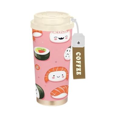 Imagem de Blueangle Caneca de café com isolamento térmico Sushi Kawaii - Copo de aço inoxidável à prova de derramamento e vazamento para acampamento e ar livre, garrafa de água reutilizável de 500 ml com tampa