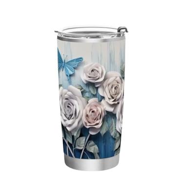 Imagem de Blueangle Copo de 590 ml com tampa e canudo, copo de café com água isolada a vácuo de aço inoxidável, caneca de viagem Blue Roses, copo térmico para bebidas quentes e frias (323)