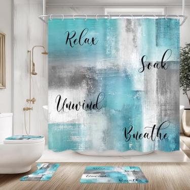 Imagem de Ufeela Conjunto de 4 peças de banheiro abstrato cinza petróleo com cortina de chuveiro e tapetes 182 cm L x 182 cm A pintura a óleo contemporânea antiderrapante tapete de banheiro capa de tampa de