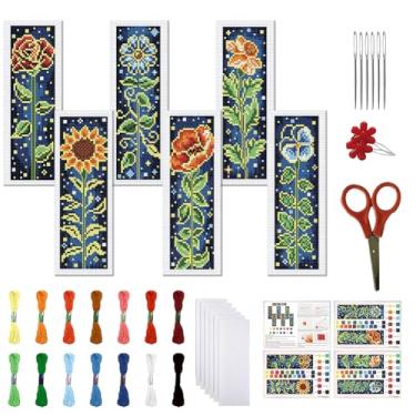 Imagem de FREEBLOSS Kit de 6 marcadores de ponto cruz, kit de ponto cruz estampado de 11 quilates, kits de marcadores de página para iniciantes adultos com instruções, padrão de flores brilhantes, 6 x 20 cm/8
