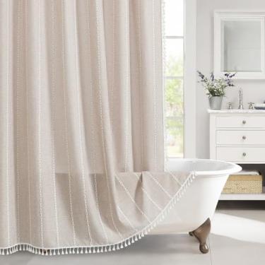 Imagem de MitoVilla Cortina de chuveiro Boho extralonga 72 x 96, Taupe Modern Farmhouse 243.8 cm XL Poliéster Linho Textura Borla Tecido Cortina de Chuveiro Conjunto com Ganchos para Decoração de Banheiro