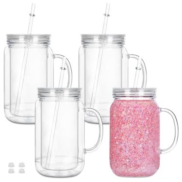 Imagem de Maucircol Copo de globo de neve acrílico de 680 g com alça, pacote com 4 frascos de plástico pré-perfurados de parede dupla para globo de neve com glitter, copo globo de neve de parede dupla com tampa