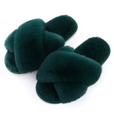 Imagem de Evshine Pantufas femininas felpudas com tiras cruzadas e bico aberto macio de pelúcia antiderrapante aconchegante com memória Foma sem cadarço para uso interno ou externo, Verde, 8.5-9.5