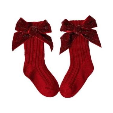 Imagem de Meias De Natal Para Meninas Com Laço Vermelho Em Algodão E Lã, Aqueced