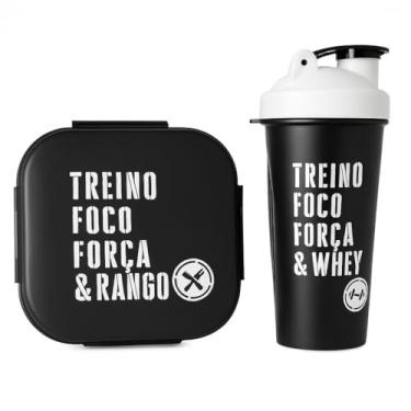 Imagem de Kit Marmita com Compartimentos + Garrafa Shakeira 600ml Preto e Branco | Ideal para Academia, Trabalho e Refeições do Dia a Dia