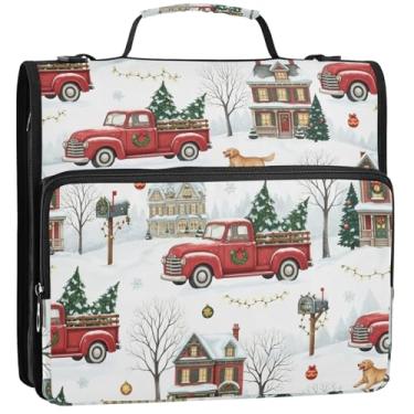 Imagem de Árvores de Natal vintage vermelho inverno 3,8 cm 3 anéis D fichário com zíper fichário organizador com alça pasta de armazenamento de bolsa de ensino médio com alça, 34,5 x 31,5 x 9 cm