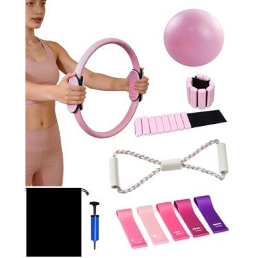 Imagem de YXCHEMIN Kit essencial de pilates em casa para mulheres, conjunto de anéis e bolas de círculo mágico, pesos ajustáveis no tornozelo, faixas de resistência, acessórios de equipamentos de fitness para