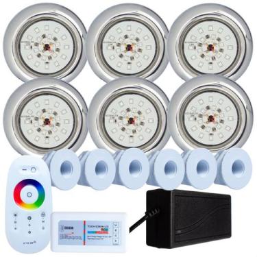 Imagem de Kit 6 Refletores Led 18w RGB Inox e Comando para Iluminação Piscina Fi