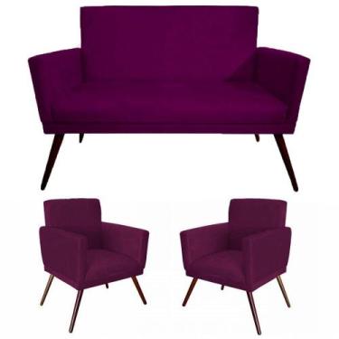 Imagem de Kit Namoradeira Com 02 Poltronas Decorativa Nina Veludo Roxo DS Móveis