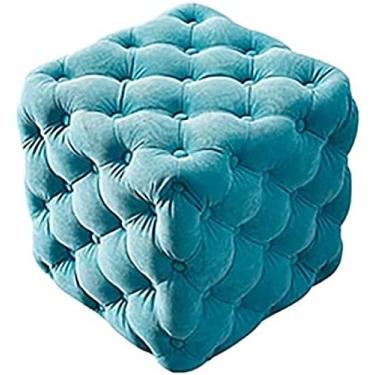 Imagem de Luxuoso descanso de pés otomano de veludo azul, banco cubo moderno para sala de estar e penteadeira, banquinho multifuncional para mesa de café, 45 x 45 x 45 cm