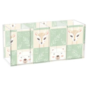 Imagem de Burbuja Suporte de caneta de acrílico Bear Deer com 4 compartimentos, suporte de lápis transparente para pincéis de maquiagem, acessórios de mesa de escritório em casa