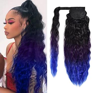 Imagem de Extensão de rabo de cavalo ondulado de milho - 55 cm de comprimento ondulado cacheado enrolado em torno de rabo de cavalo sintético rabo de cavalo Extainson para mulheres (preto natural a roxo a azul)