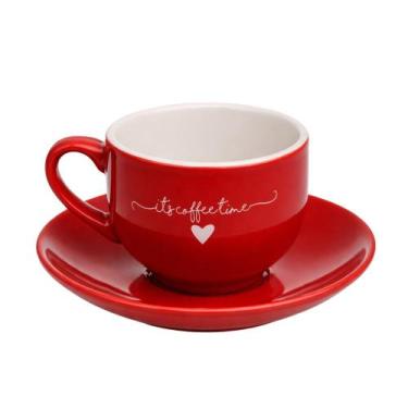 Imagem de Xícara de Chá Cappuccino de Porcelana 160ml Vermelha Coração Lamour Ha