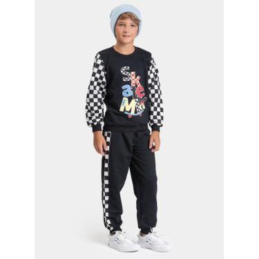 Imagem de Conjunto Inverno Menino Preto Blusão Manga Xadrez e Calça em Moletom S