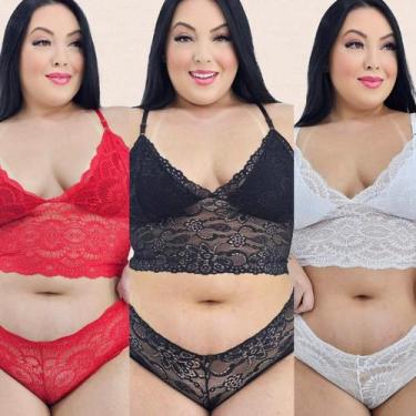 Imagem de Kit 3 Conjuntos Lingerie Plus Size Cropped e Caleçon Tamanho:52Cor:Pre