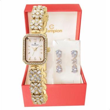 Imagem de Relógio Feminino Champion Dourado Pequeno Luxo CF24715H + Brincos