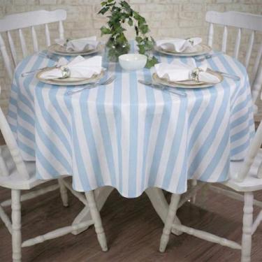 Imagem de Toalha de Mesa Redonda em Tecido Jacquard Estampado Listrado Azul Bebê