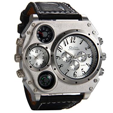 Imagem de Avaner Relógio de pulso masculino com caixa grande, pulseira de couro, fuso horário duplo, analógico de quartzo, termômetro e bússola decorativos, Prata