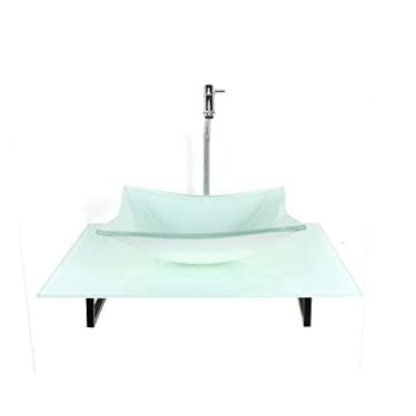 Imagem de KIT CUBA DE VIDRO RETANGULAR COM TAMPO 60CM BRANCO FULL E SUPORTE PRETO