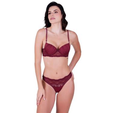 Imagem de Conjunto fio sensual com bojo e arco em poliamida lisa e renda vinho rubro