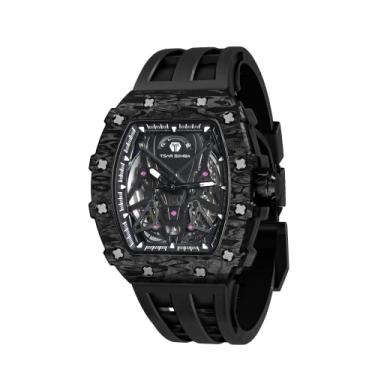 Imagem de TSAR BOMBA Relógio mecânico masculino de luxo esqueleto analógico para homens 50 m à prova d'água Tonneau Work relógio de pulso masculino design original quadrado rosto grande relógio de pulso legal pulseira de silicone, 8207-BlackCF, luxo