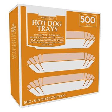 Imagem de 500 bandejas de papel para cachorro-quente | Embalagens para cachorro-quente branco | Pratos de suporte de bandeja para cachorro-quente de 20,3 cm | Barcos descartáveis para cachorro-quente | Recipiente para cachorro-quente - Bandejas de suporte de concessão - Acessórios para carrinho de cachorro-qu