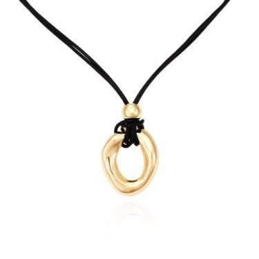 Imagem de Vanesseva Pingente feminino metálico oval geométrico grosso corrente de couro prata dourada pingente de praia moderno exclusivo Deisgner colar boho moda bijuteria, Large, Zinco, Sem Pedra Preciosa