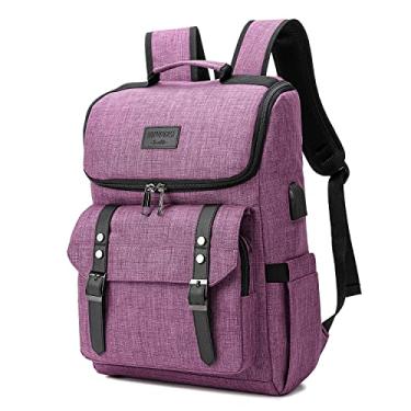 Imagem de Mochila vintage YALUNDISI de viagem e universitária com porta de carregamento USB, para mulheres e homens, para notebooks de 15,6 polegadas, roxa