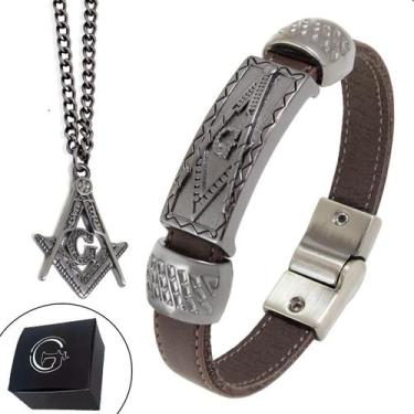 Imagem de Pulseira maçonaria + Colar Maçom Kit 2 Peças Couro Legítimo Metal Inox