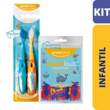 Imagem de Kit Higiene Oral Infantil  2x Escovas + Flosser OceanKids  Powerdent