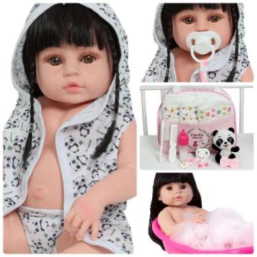 Imagem de Boneca Reborn Recém Nascida Morena Roupão Pandinha Linda - Cegonha Reb