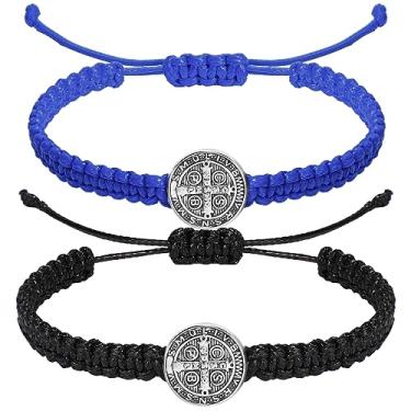 Imagem de 2 pulseiras católicas presentes de medalha de São Bento pulseiras de cordão ajustáveis presentes religiosos para homens mulheres aniversário feriado, 16.5 cm (6.5 inches) to 27.9 cm (11 inches