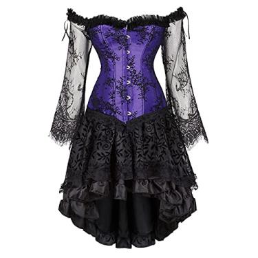 Imagem de Espartilho plus size Steampunk espartilho conjunto de saia renascentista gótica bustiê fantasia de Halloween, Roxo - 8125, 6XG