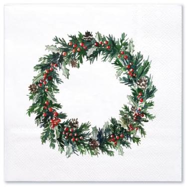 Imagem de WRAPAHOLIC Guardanapos de papel de Natal com 50 peças de guirlanda de frutas vermelhas - Guardanapo de coquetel descartável de 3 camadas para artigos de festa de Natal, toalhas decorativas de festa de