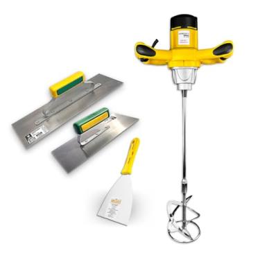 Imagem de Misturador 1600w Para Tinta Gesso Argamassa Cimento C/Desempenadeira Galo 309/00 + 113/00 + Espátula Inoxidável Evolution 10 cm (4") Profissional Kit - 220V