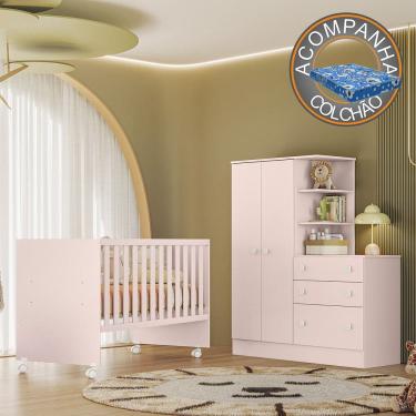 Imagem de Quarto de Bebê com Berço Reto e Roupeiro Doce Sonho Rosa Qmovi + Colchão Ortobom
