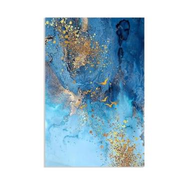 Imagem de SDYJ6GSW Pintura em tela com textura de mármore azul dourado abstrato moderno pôsteres e impressões imagens de arte de parede para sala de estar, escritório, decoração de casa, pôster 45 x 30 cm (18 x