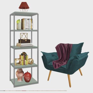 Imagem de Kit Poltrona Fatte com Manta Soft Bordô e Estante Livreiro Ferro Prata mdf Verde Oliva Suede Azul Turquesa - Ahz Móveis